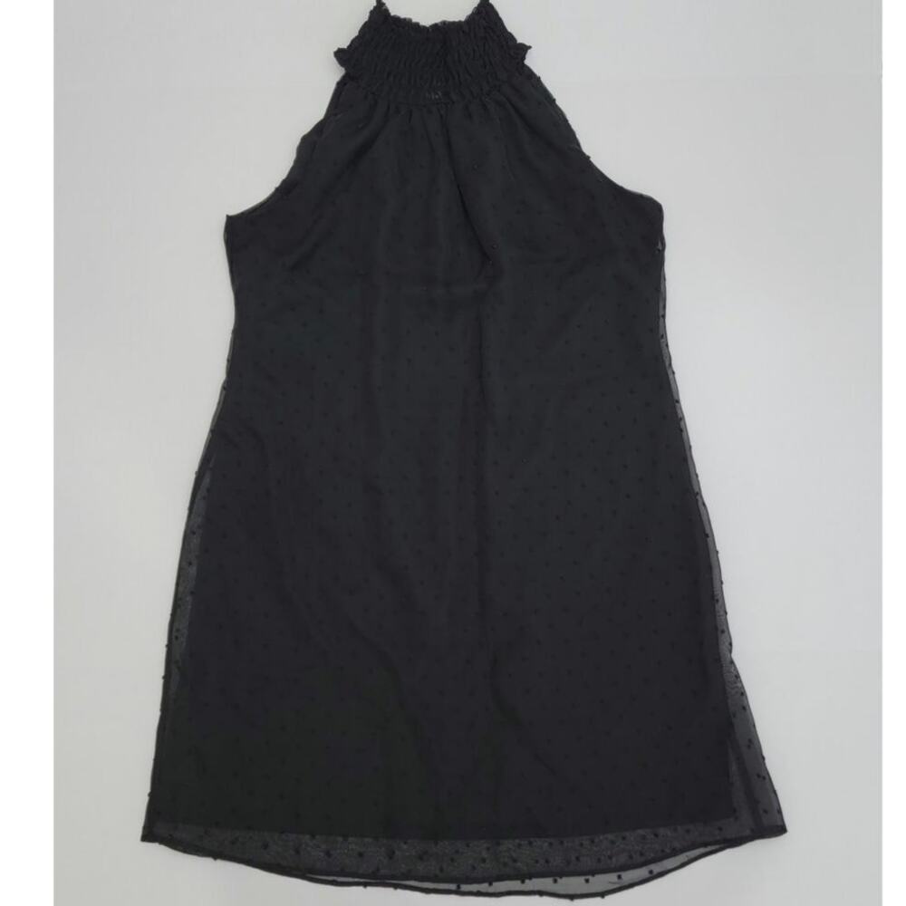 Elle Black Polka Dot Halter Dress Sheer Overlay High Ruched Neck Size Small